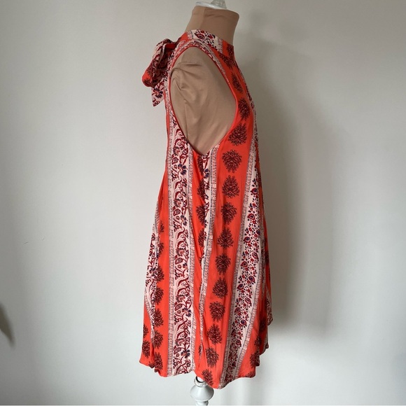 Free People Orange Multi Print Keyhole Tie Neck Sleeveless Mini Tent Dress EUC S - Picture 4 of 9